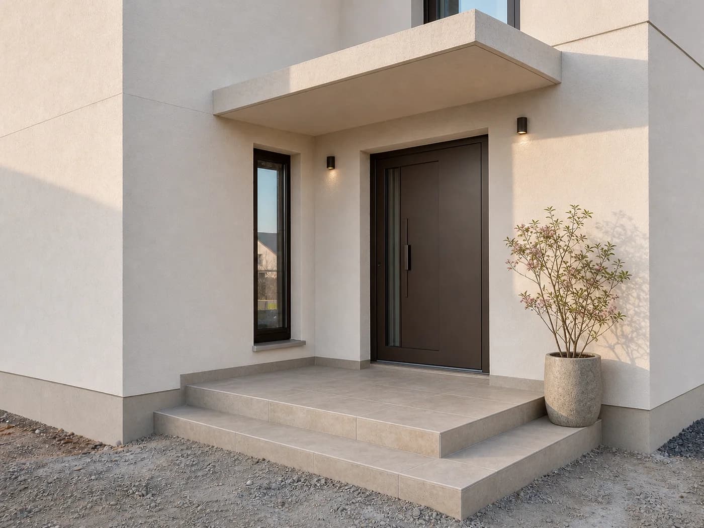 Fertig gestalteter Hauseingang mit Fassade, Feinsteinzeug und Pflanzentopf