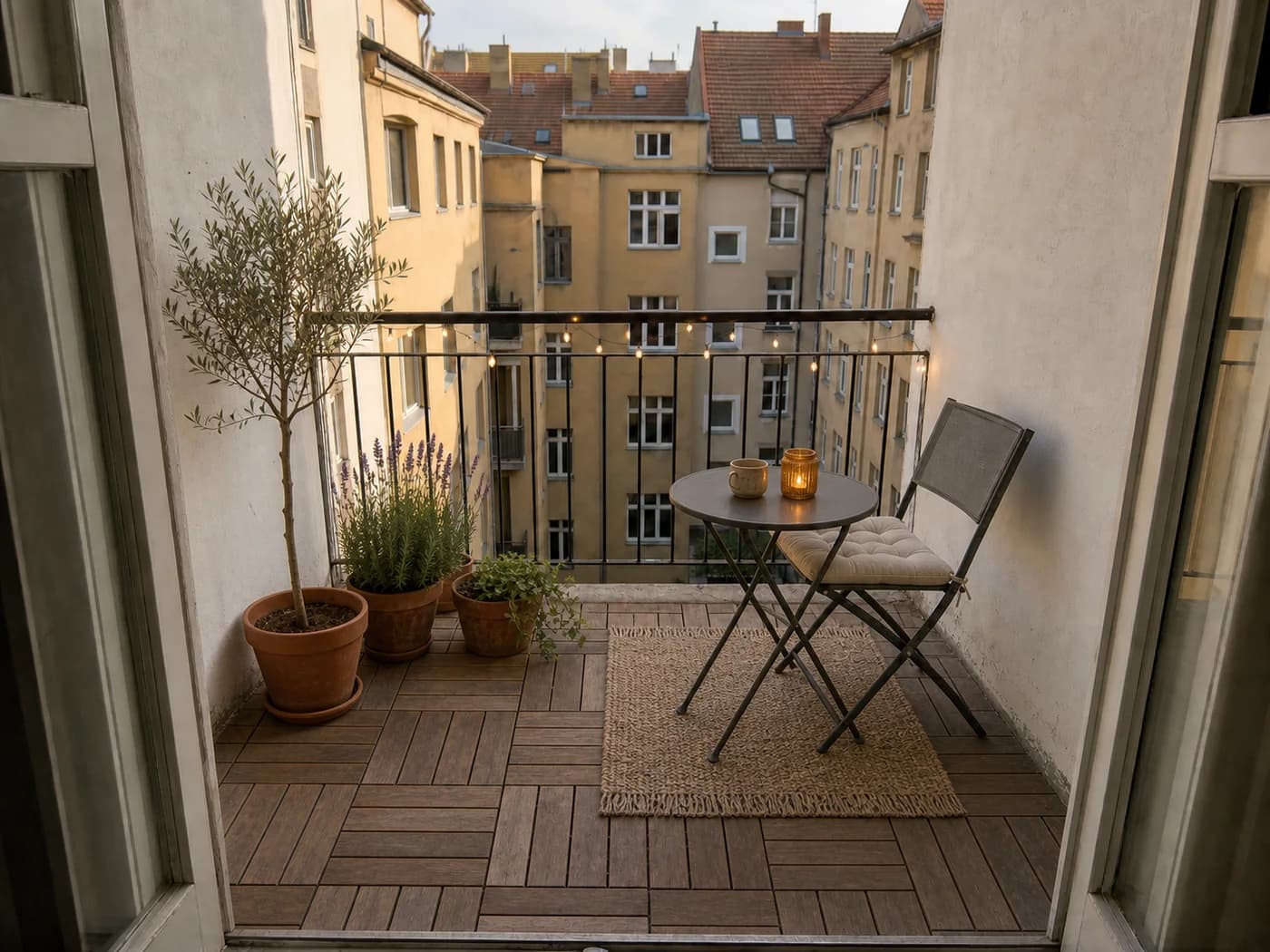 Derselbe Balkon als warme grüne Sitzecke gestaltet
