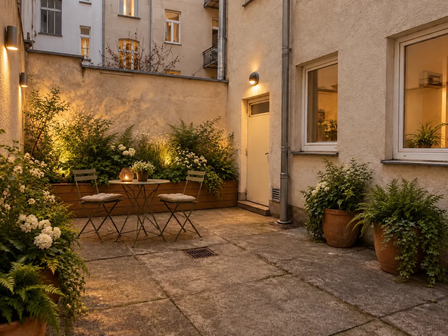 Realistische Visualisierung nach der Bearbeitung für Innenhof mit KI gestalten