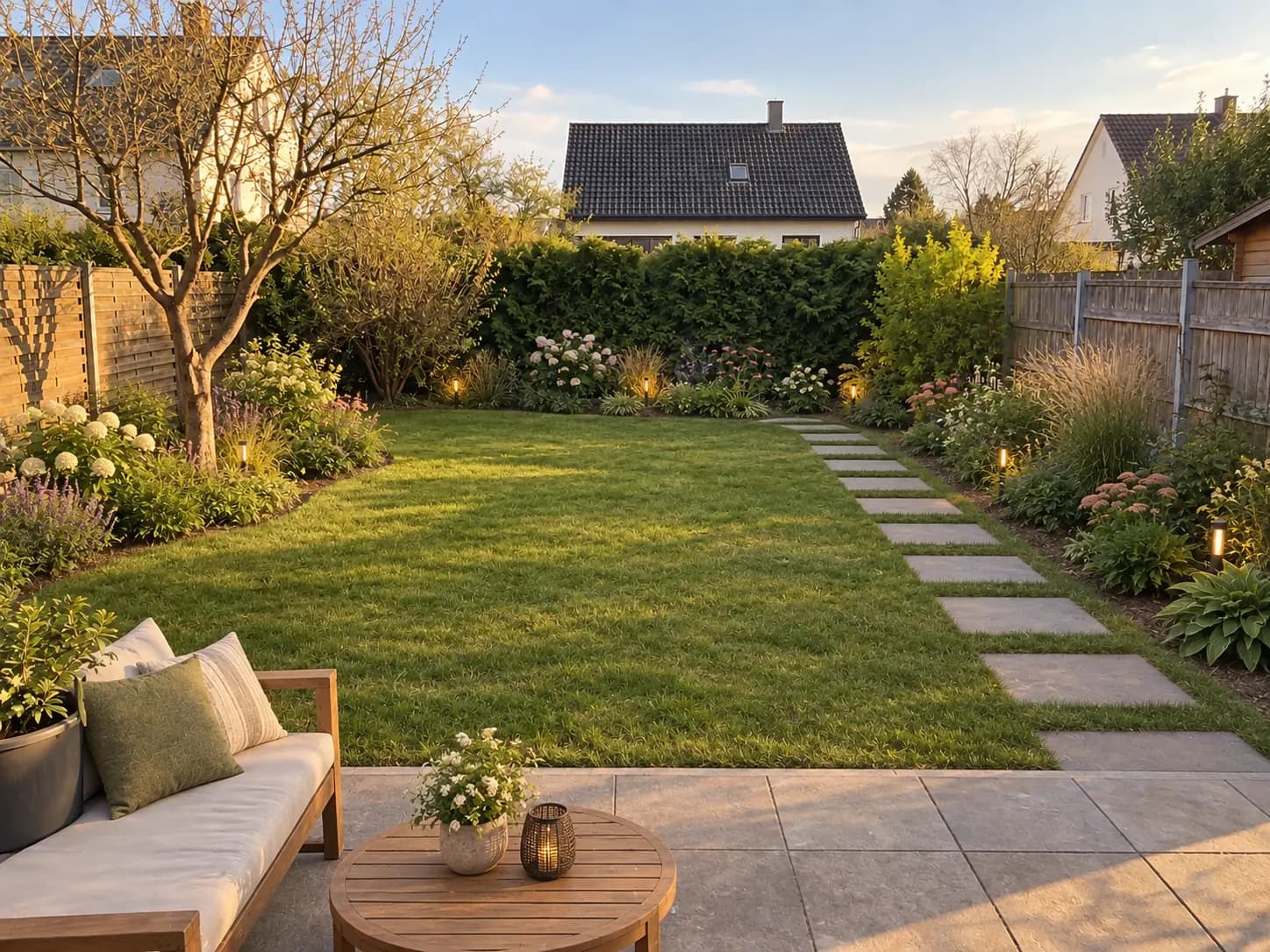 Derselbe Garten mit Staudenbeeten, Trittsteinweg und warmer Beleuchtung